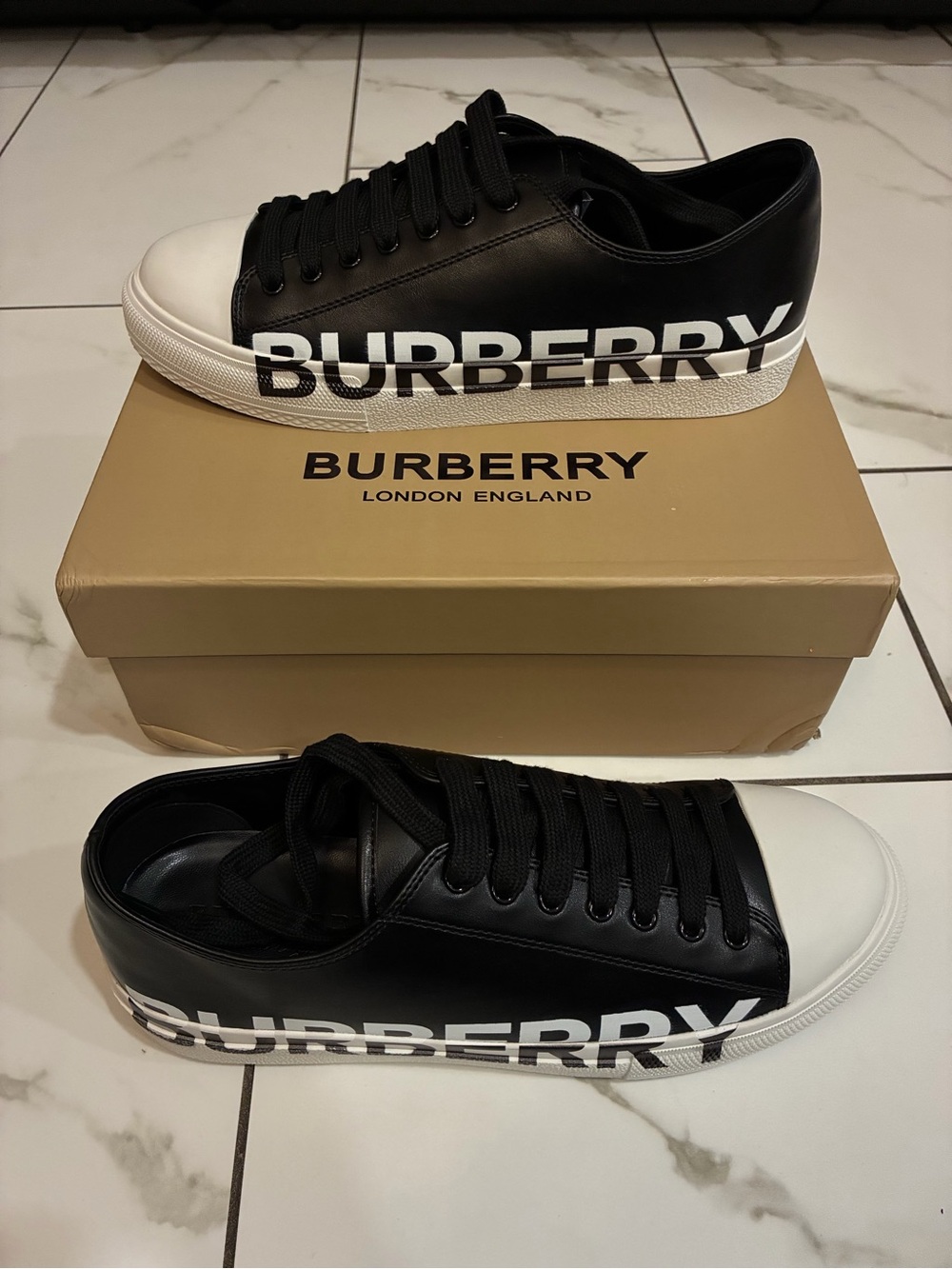 Burberry Black Leather Sneakers with White Toe Cap and Logo